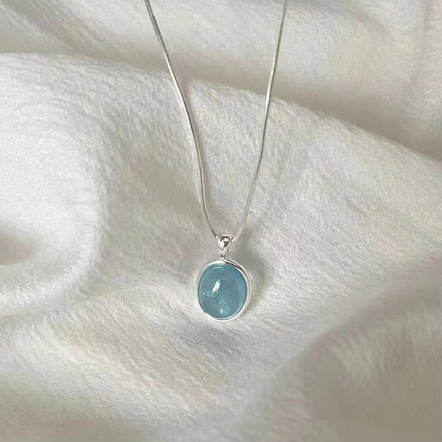 Collier en argent sterling S925 avec aigue - marine pour femme, chaîne luxueuse polyvalente à la clavicule, bijou unique et élégant - IVOIRART.COM