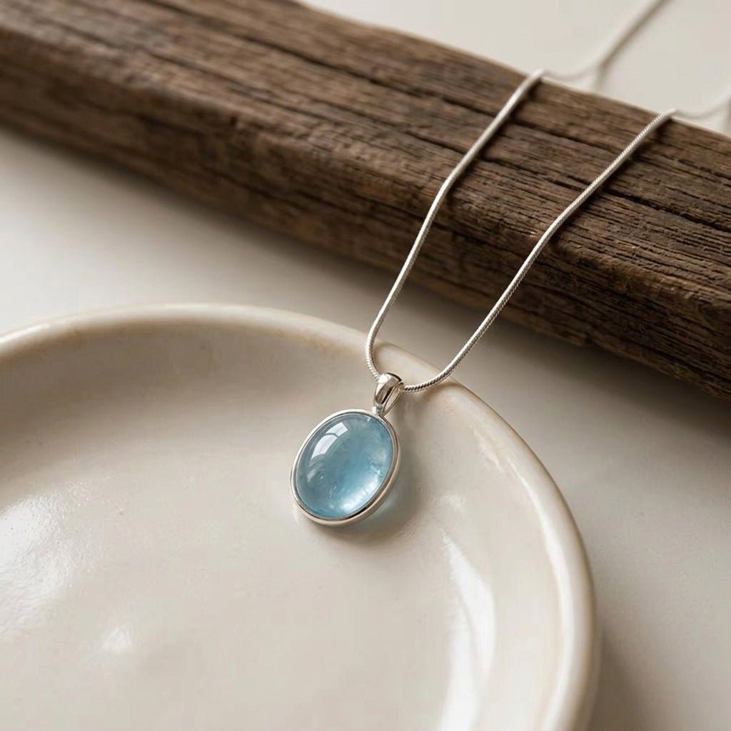 Collier en argent sterling S925 avec aigue - marine pour femme, chaîne luxueuse polyvalente à la clavicule, bijou unique et élégant - IVOIRART.COM