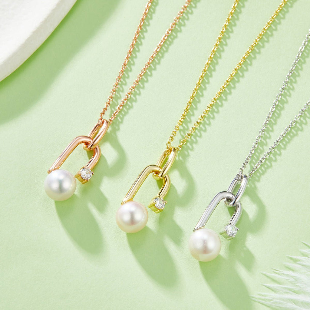 Collier en Argent Sterling S925 avec Perle d'Eau Douce Naturelle 45 cm Design Géométrique en U, 3 Couleurs, Boîte Cadeau, 3,6 g - IVOIRART.COM