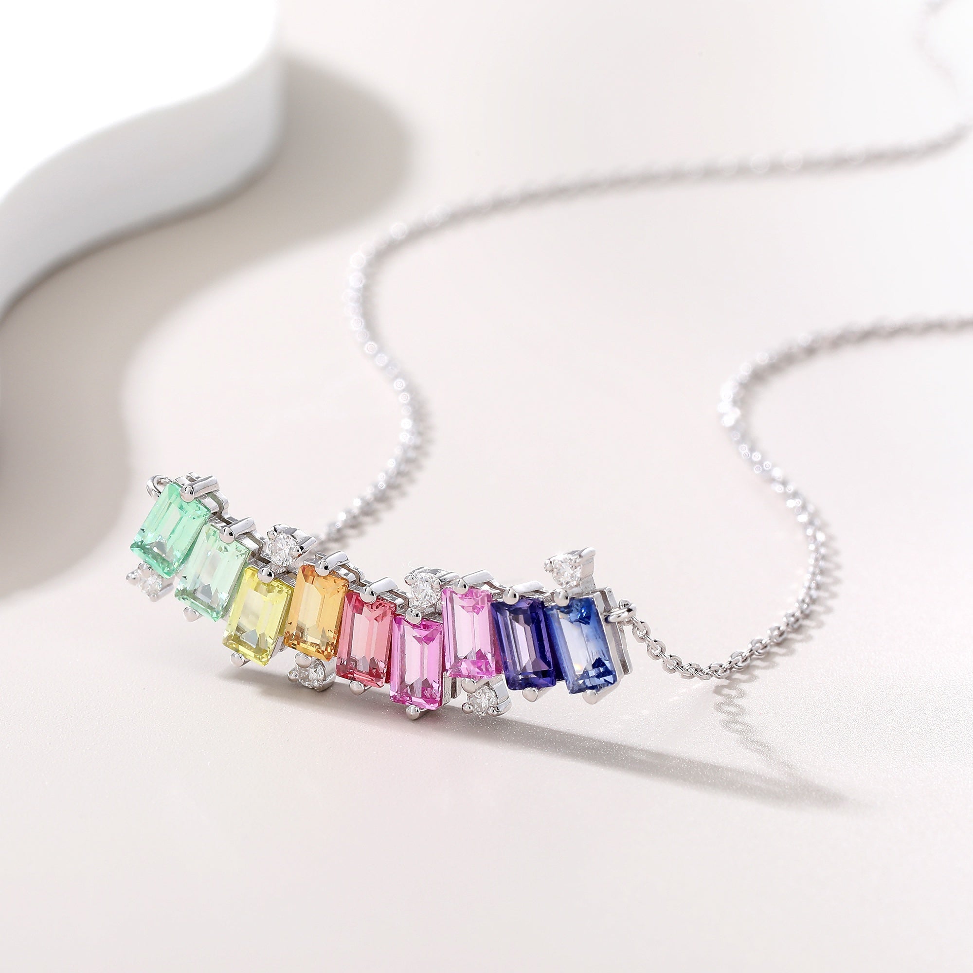 Collier en argent sterling S925 rectangle avec pierre précieuse arc-en-ciel, 45 cm, plaqué platine avec moissanite D VVS1 certifiée GRA, coffret cadeau - IVOIRART.COM
