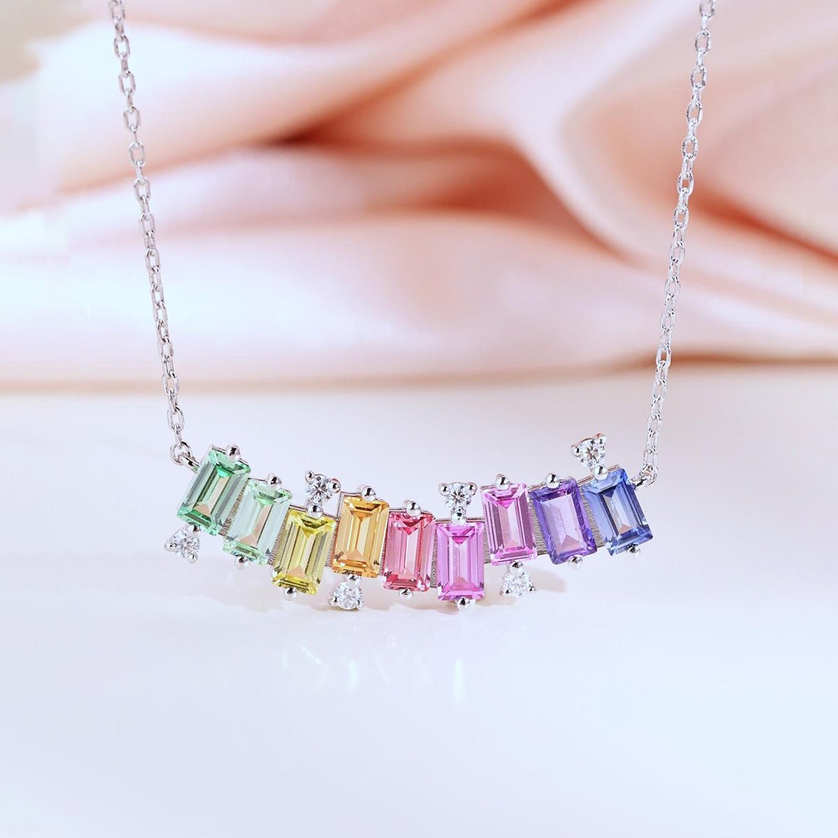 Collier en argent sterling S925 rectangle avec pierre précieuse arc-en-ciel, 45 cm, plaqué platine avec moissanite D VVS1 certifiée GRA, coffret cadeau - IVOIRART.COM