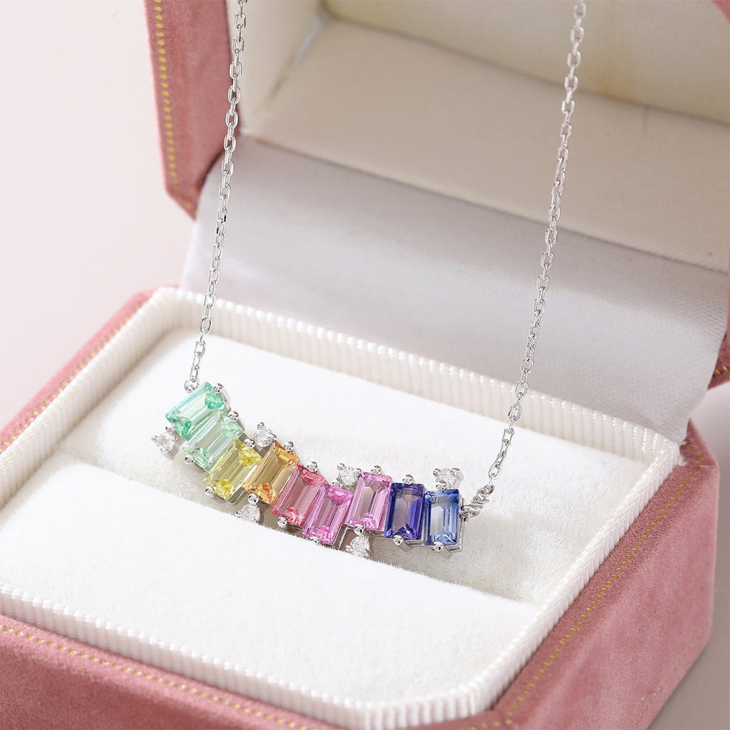 Collier en argent sterling S925 rectangle avec pierre précieuse arc-en-ciel, 45 cm, plaqué platine avec moissanite D VVS1 certifiée GRA, coffret cadeau - IVOIRART.COM