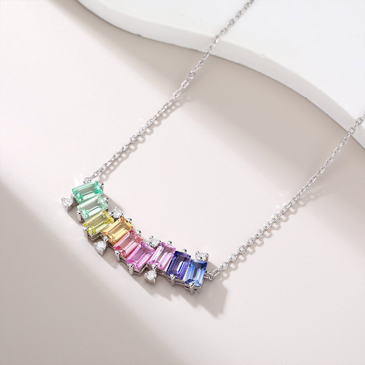 Collier en argent sterling S925 rectangle avec pierre précieuse arc-en-ciel, 45 cm, plaqué platine avec moissanite D VVS1 certifiée GRA, coffret cadeau - IVOIRART.COM