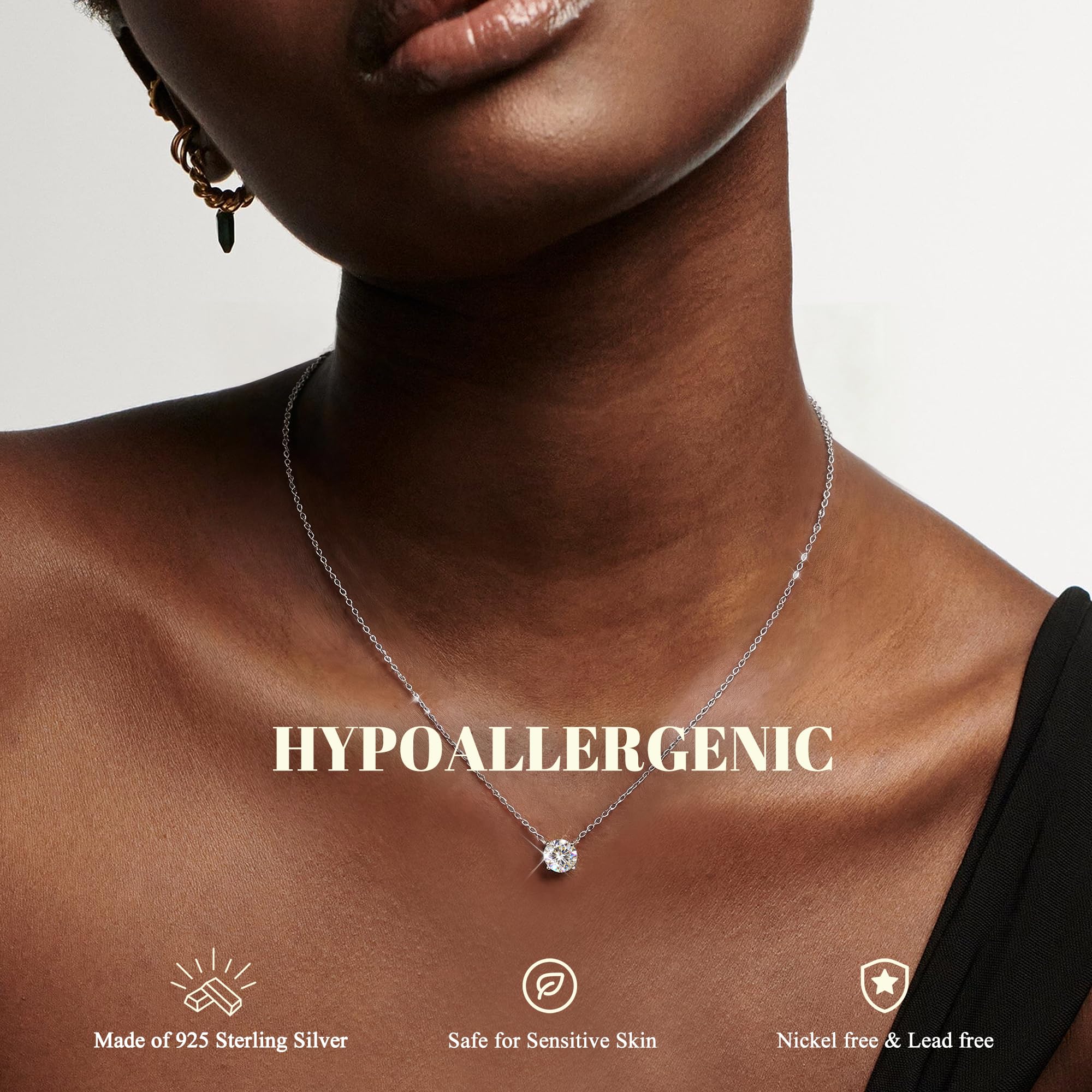 Collier en Moissanite en Argent Sterling 925 avec Couches pour Femmes, Plaqué Or Blanc 18K, Chaîne Empilable Hypoallergénique Fine avec Pendentif Ras-du-Cou D Couleur - IVOIRART.COM