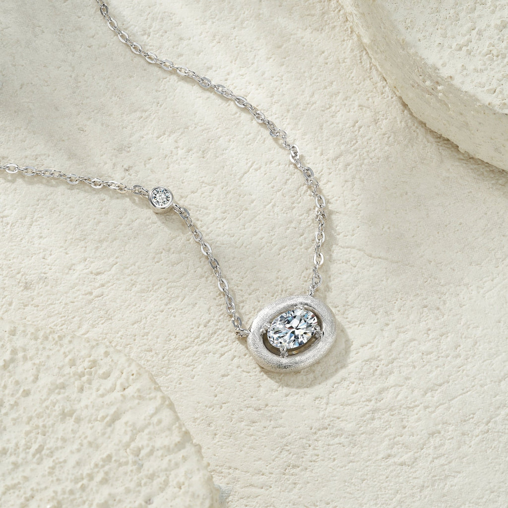 Collier Femme Argent S925 Moissanite Ovale D VVS1 Givré Platine 2,9g - IVOIRART.COM