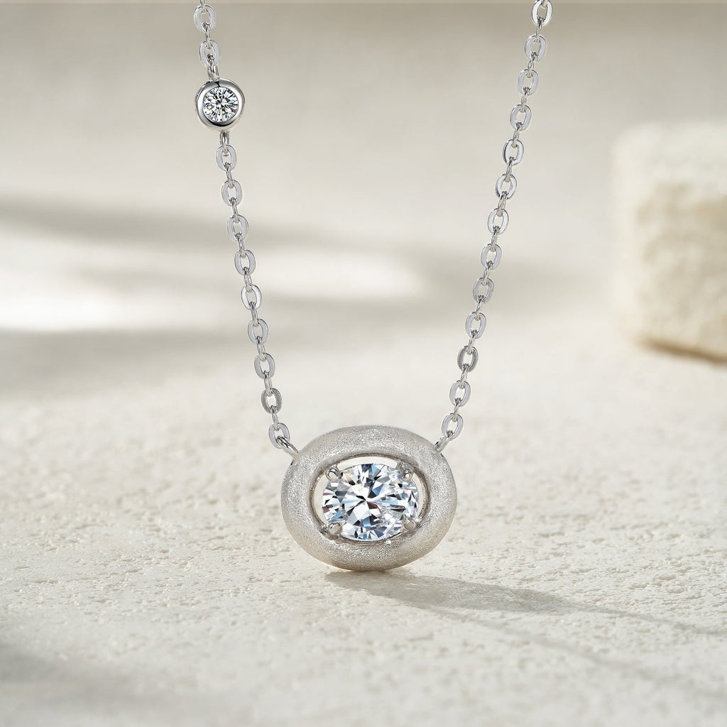 Collier Femme Argent S925 Moissanite Ovale D VVS1 Givré Platine 2,9g - IVOIRART.COM