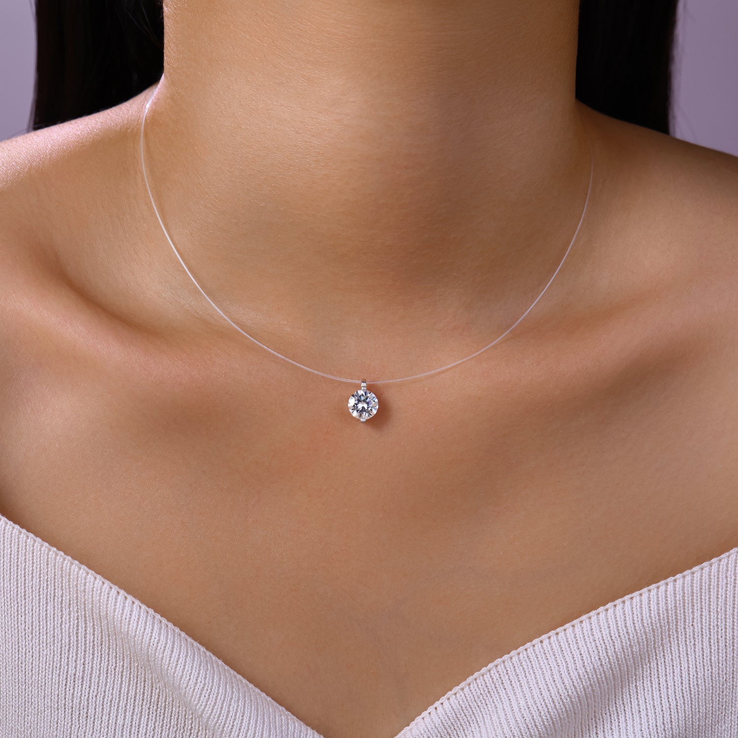 Collier invisible S925 argent Moissanite 1/2/3ct D-VVS1 plaqué platine 40+6cm GRA - IVOIRART.COM