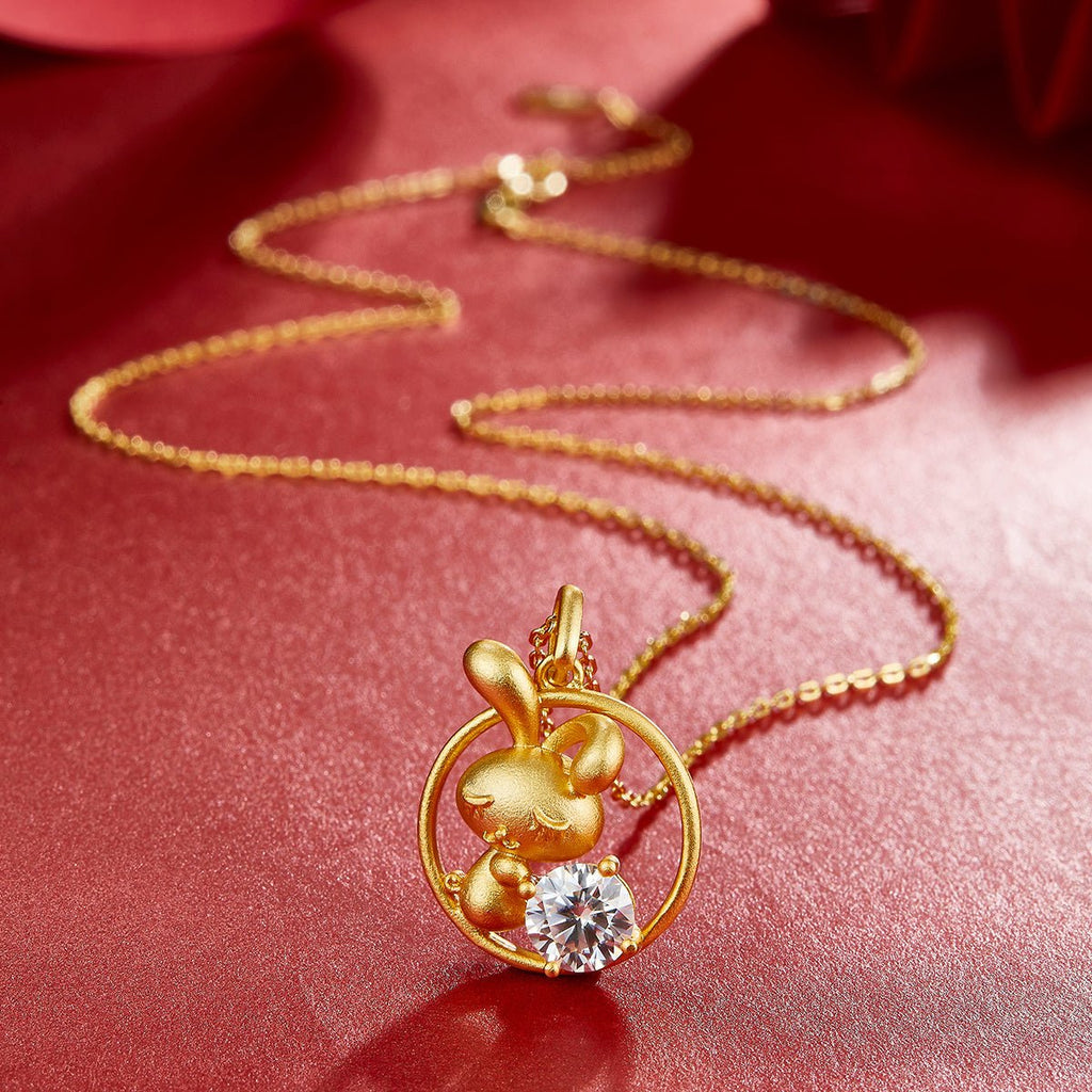 Collier Lapin Zodiaque Chinois Argent Sterling 925 Plaqué Or 1ct Moissanite - IVOIRART.COM