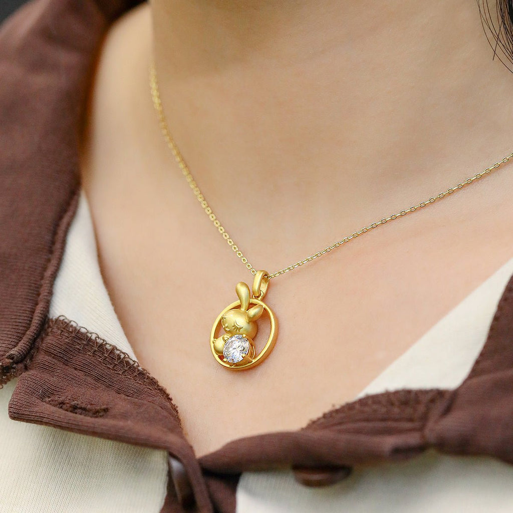 Collier Lapin Zodiaque Chinois Argent Sterling 925 Plaqué Or 1ct Moissanite - IVOIRART.COM
