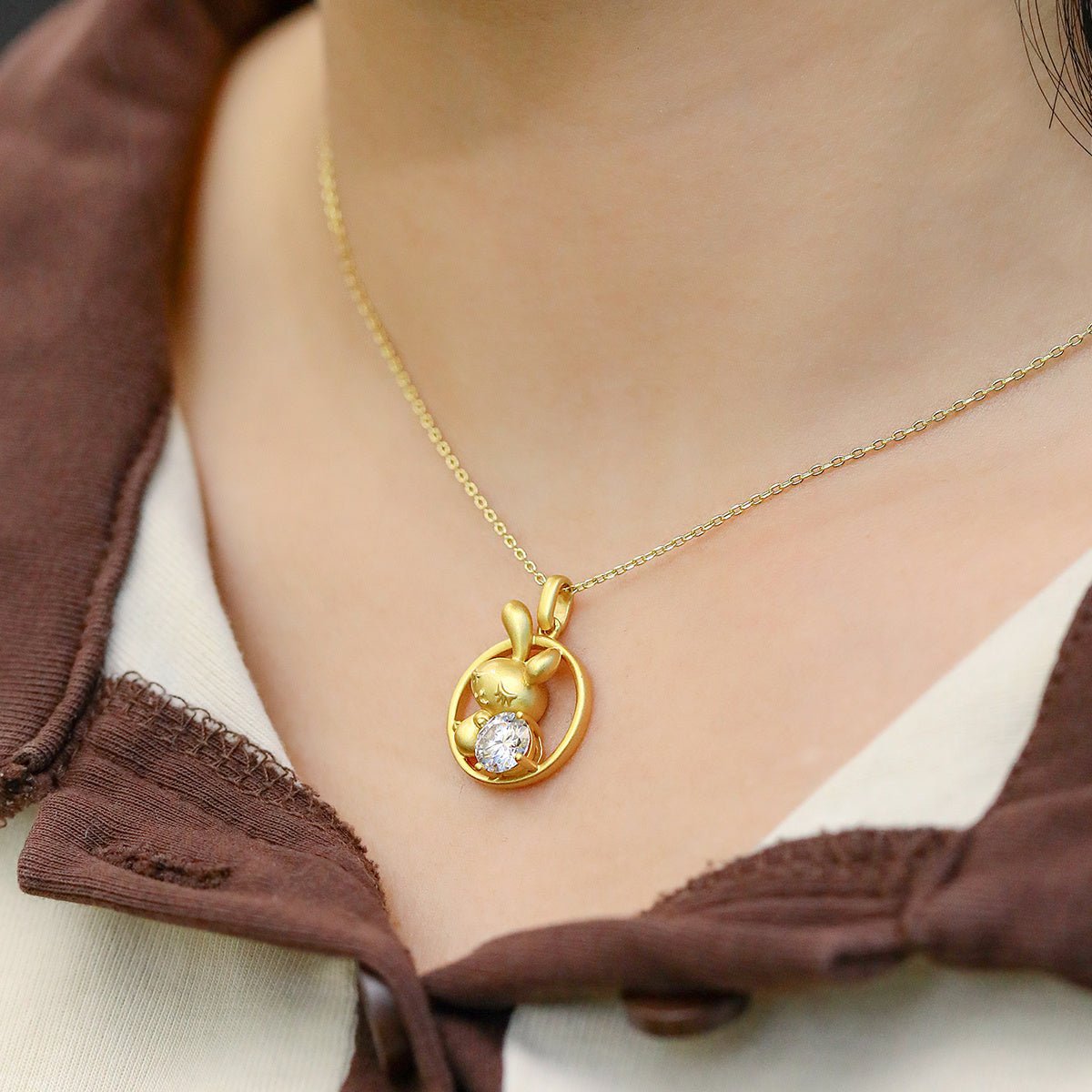 Collier Lapin Zodiaque Chinois Argent Sterling 925 Plaqué Or 1ct Moissanite - IVOIRART.COM