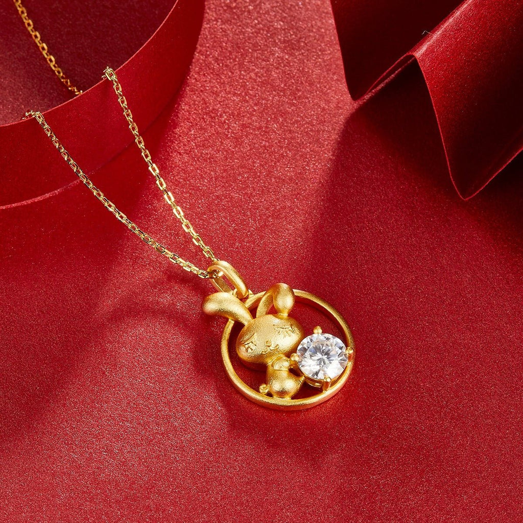Collier Lapin Zodiaque Chinois Argent Sterling 925 Plaqué Or 1ct Moissanite - IVOIRART.COM