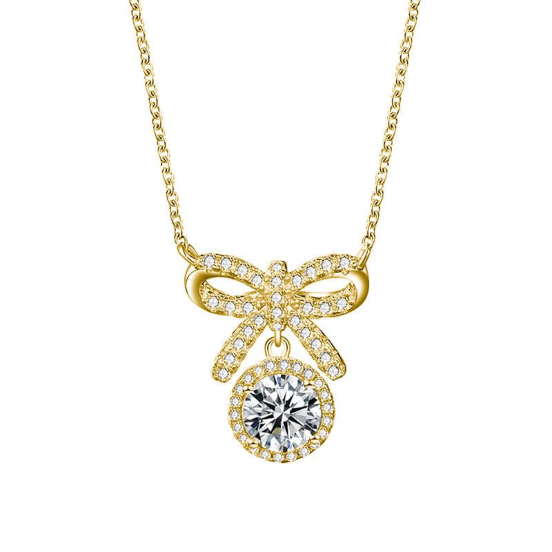Collier Nœud Papillon Moissanite 1ct D VVS1 Argent Sterling S925 Plaqué Or Platine 45cm + Coffret Certifié GRA - IVOIRART.COM