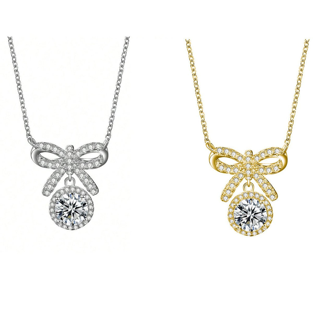 Collier Nœud Papillon Moissanite 1ct D VVS1 Argent Sterling S925 Plaqué Or Platine 45cm + Coffret Certifié GRA - IVOIRART.COM