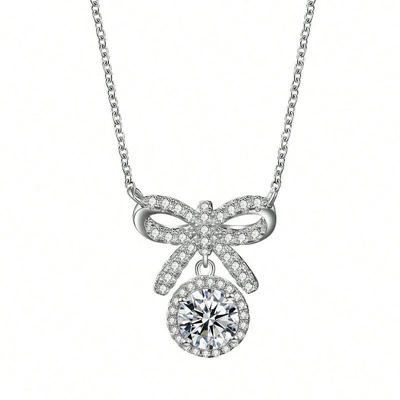 Collier Nœud Papillon Moissanite 1ct D VVS1 Argent Sterling S925 Plaqué Or Platine 45cm + Coffret Certifié GRA - IVOIRART.COM