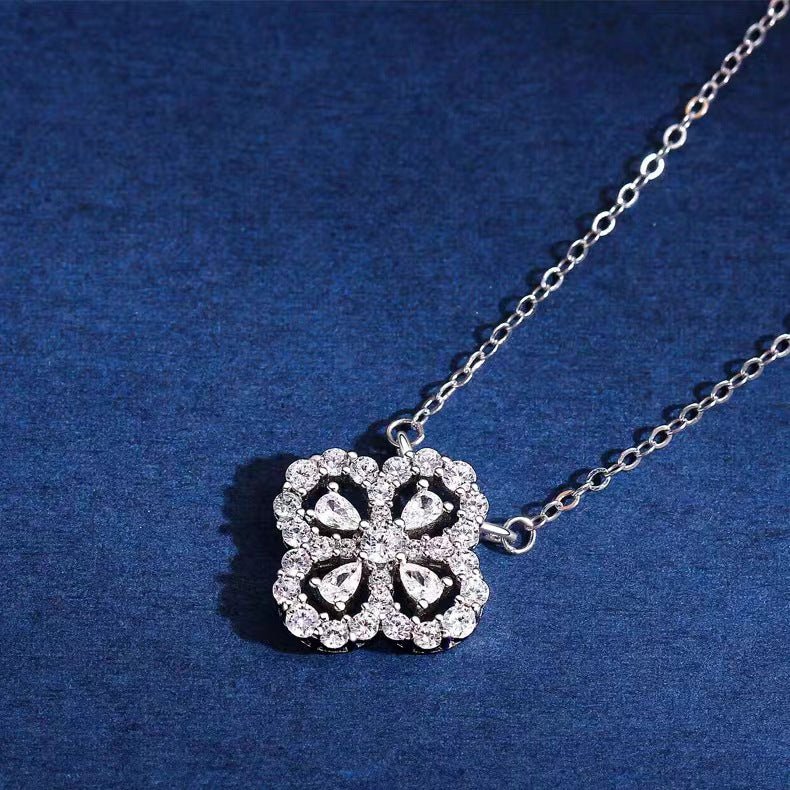 Collier Pendentif Trèfle à Quatre Feuilles en Argent S925, Zircon Cubique Pavé, Chaîne Clavicule Style Coréen, Bijoux de Luxe Uniques - IVOIRART.COM