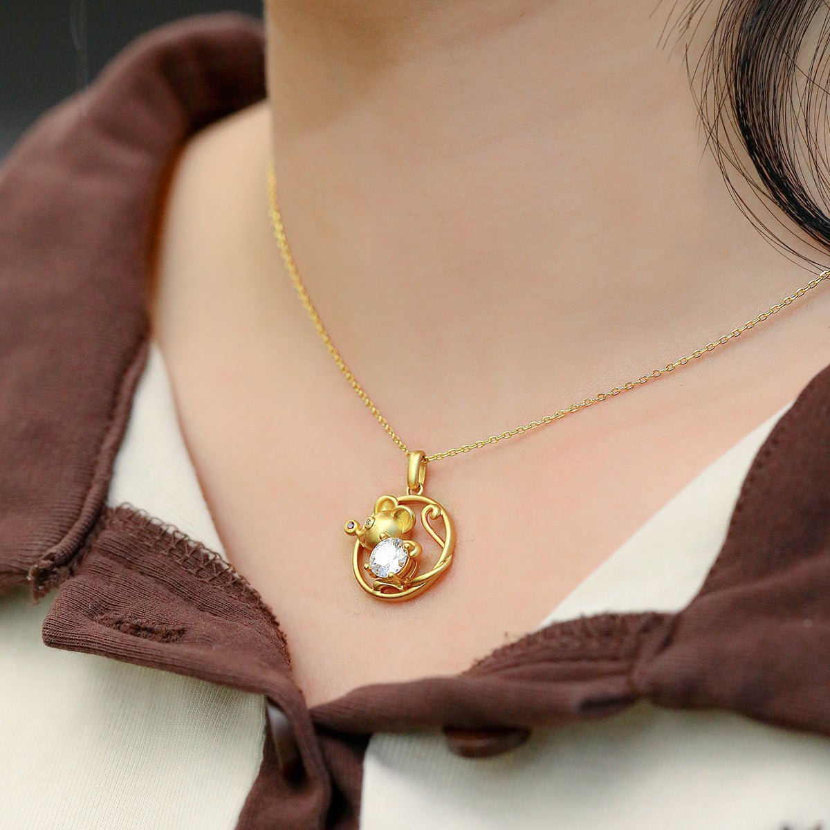 Collier Rat Zodiaque Chinois en Argent S925 Doré 1ct Moissanite D VVS1 4,5g Cadeau Benmingnian Certifié GRA avec Boîte - IVOIRART.COM
