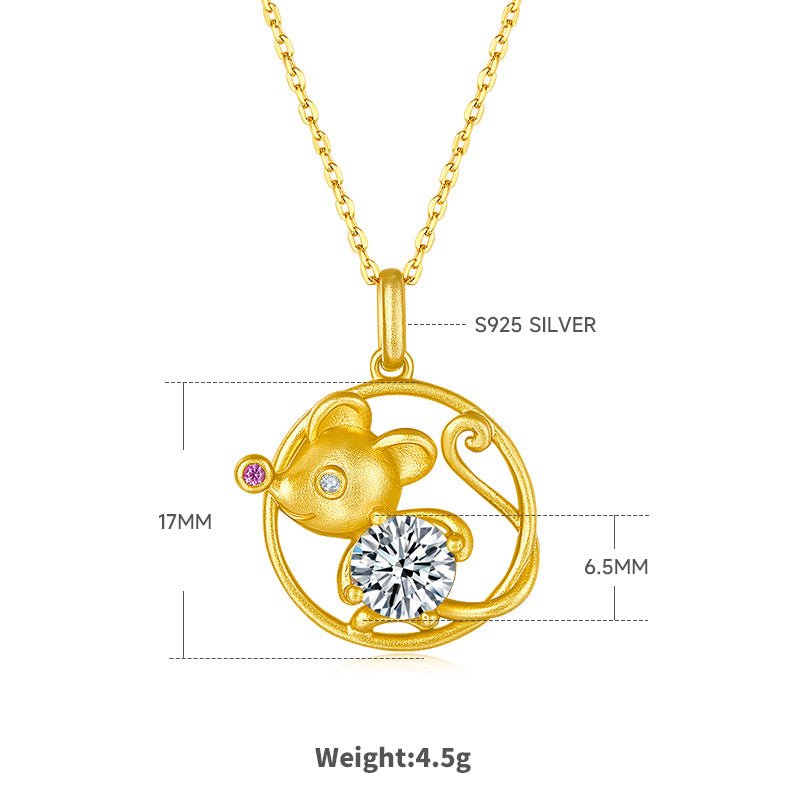 Collier Rat Zodiaque Chinois en Argent S925 Doré 1ct Moissanite D VVS1 4,5g Cadeau Benmingnian Certifié GRA avec Boîte - IVOIRART.COM
