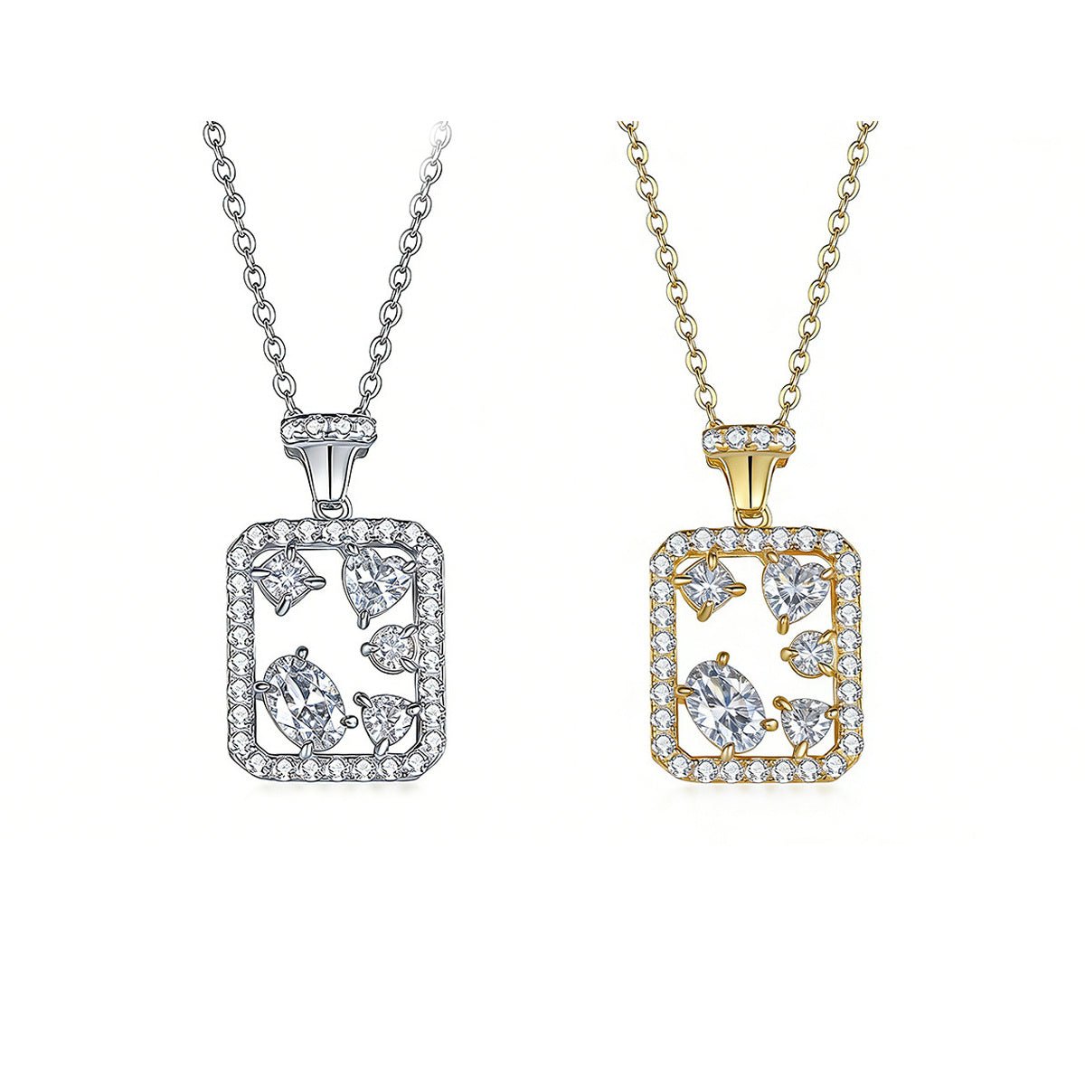 Collier Rectangulaire Géométrique en Argent Sterling S925 avec Moissanite D Couleur VVS1 Taille Mixte, Chaîne 45 cm, Plaqué Or Platine, Coffret Cadeau - IVOIRART.COM