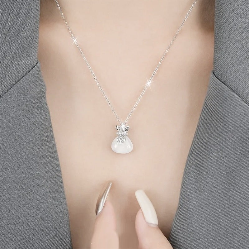 Collier Sac de Fortune en Argent Sterling S999 pour Femmes, Style Chinois, Chaîne Claviculaire en Calcédoine, Bijoux de Luxe Uniques et Polyvalents - IVOIRART.COM