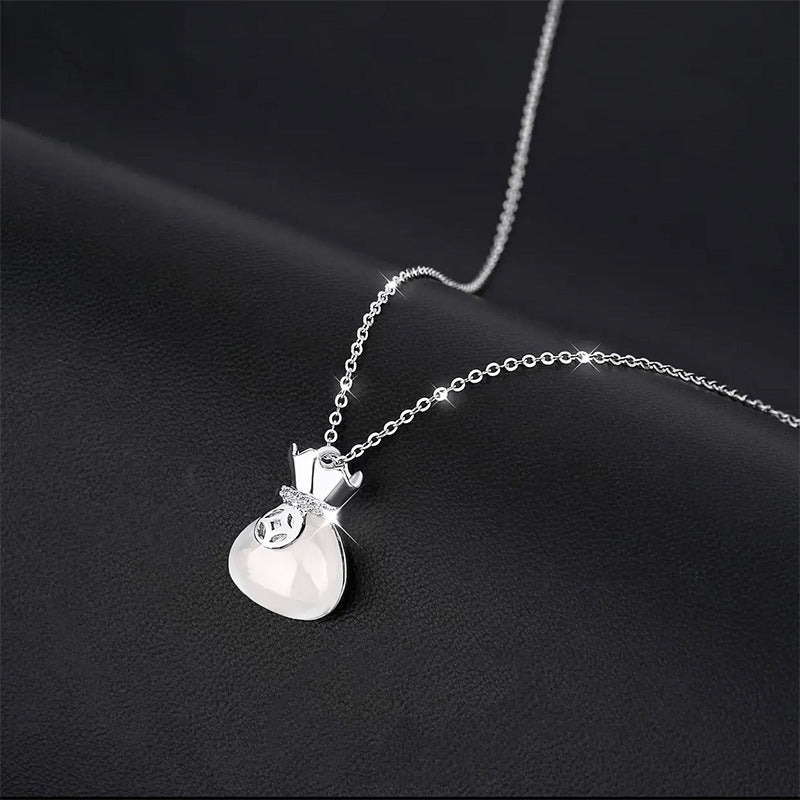 Collier Sac de Fortune en Argent Sterling S999 pour Femmes, Style Chinois, Chaîne Claviculaire en Calcédoine, Bijoux de Luxe Uniques et Polyvalents - IVOIRART.COM