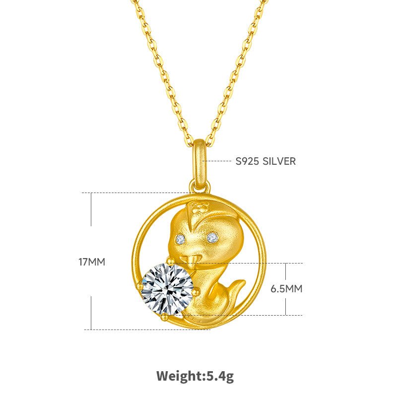 Collier Serpent du zodiaque chinois en argent sterling S925 plaqué or, Moissanite 1ct D Couleur VVS1, 5,4g, cadeau Benmingnian certifié GRA - IVOIRART.COM