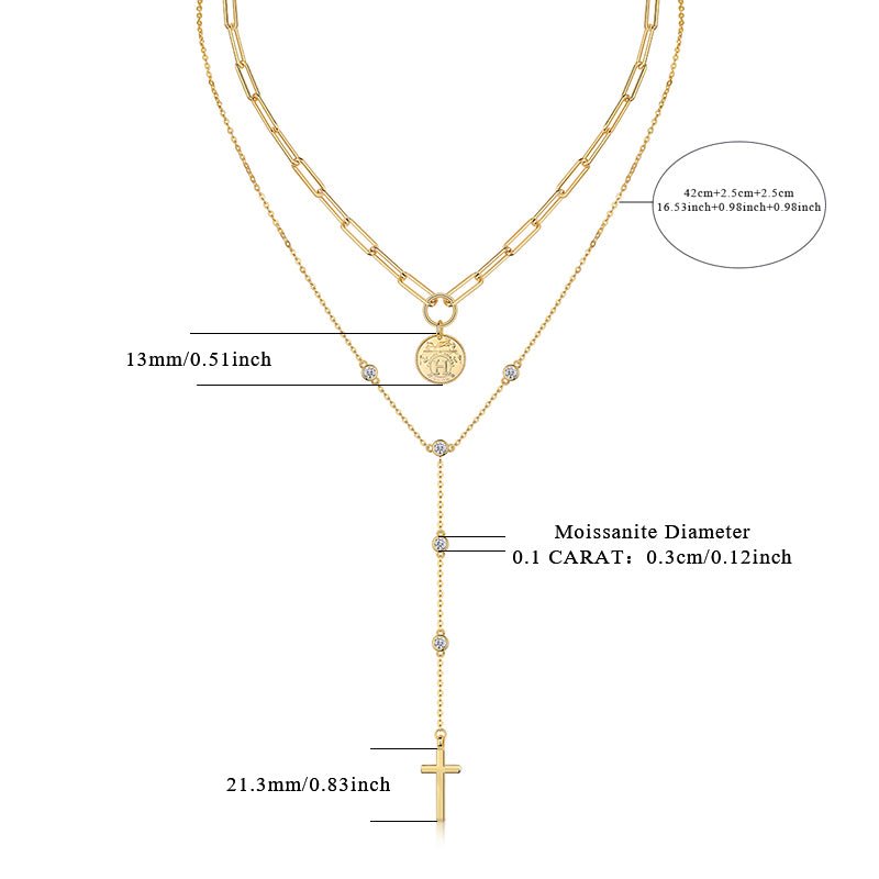 Collier Superposé en Argent Sterling S925 avec Moissanite 0,1ct, Pendentif Croix et Pièce, 14,4g, Chaîne Y 40cm, Plaqué Or, Certifié GRA, Coffret Cadeau - IVOIRART.COM