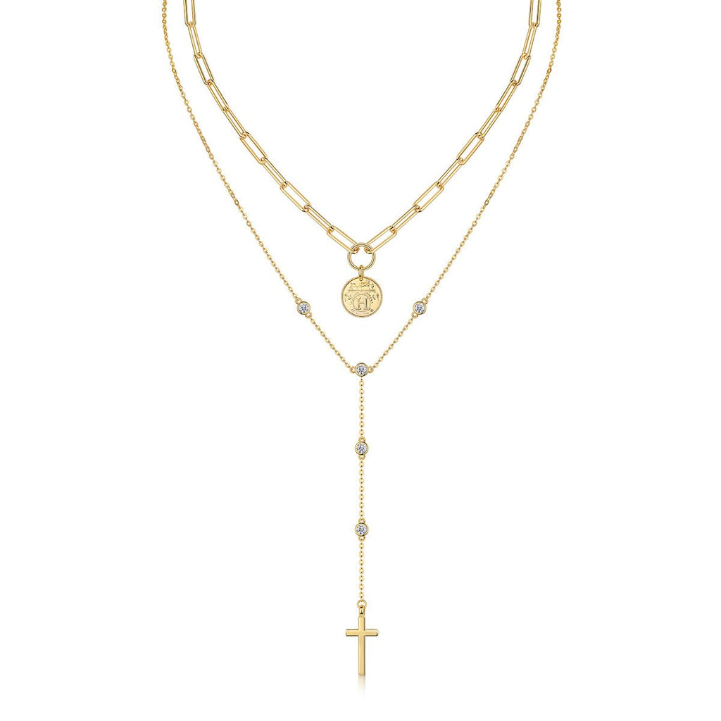 Collier Superposé en Argent Sterling S925 avec Moissanite 0,1ct, Pendentif Croix et Pièce, 14,4g, Chaîne Y 40cm, Plaqué Or, Certifié GRA, Coffret Cadeau - IVOIRART.COM