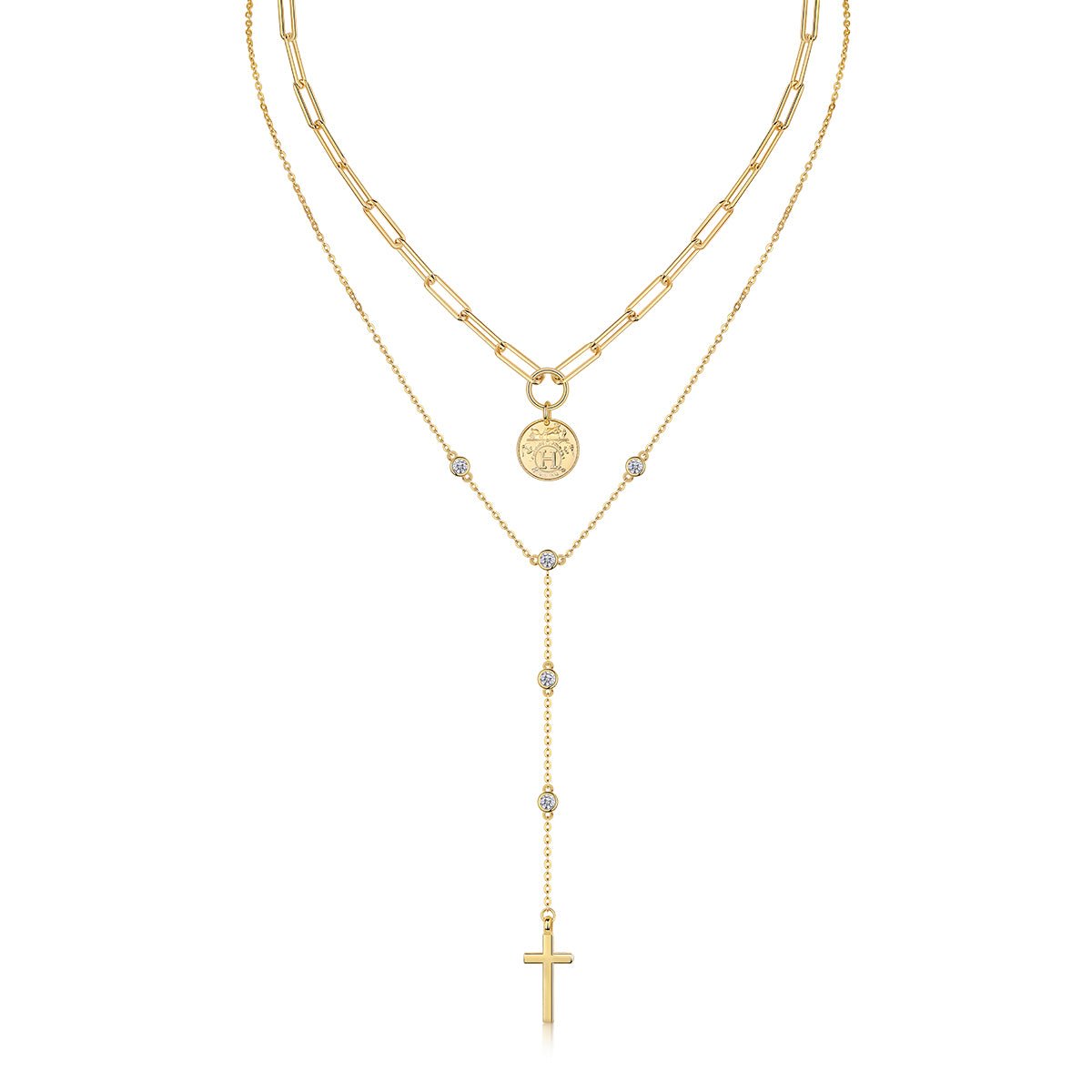 Collier Superposé en Argent Sterling S925 avec Moissanite 0,1ct, Pendentif Croix et Pièce, 14,4g, Chaîne Y 40cm, Plaqué Or, Certifié GRA, Coffret Cadeau - IVOIRART.COM