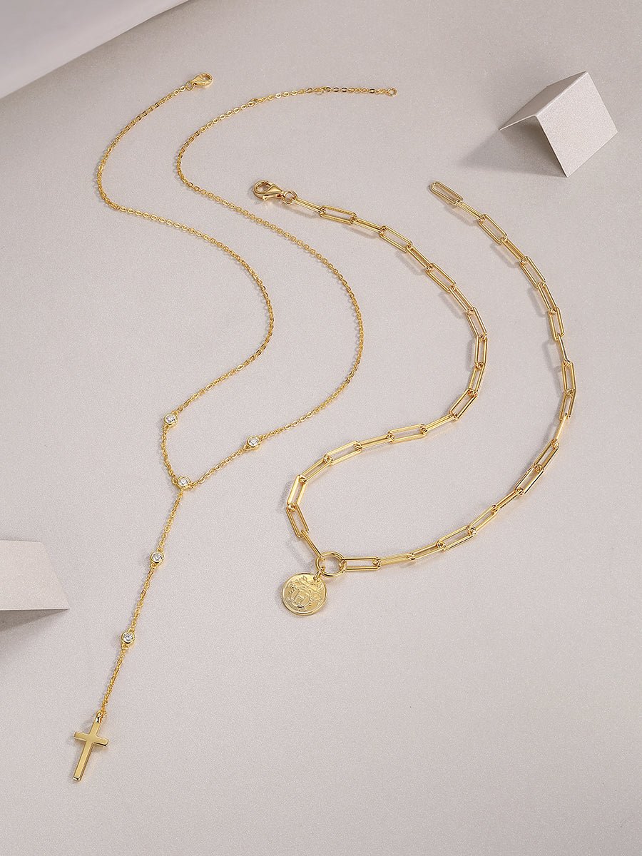 Collier Superposé en Argent Sterling S925 avec Moissanite 0,1ct, Pendentif Croix et Pièce, 14,4g, Chaîne Y 40cm, Plaqué Or, Certifié GRA, Coffret Cadeau - IVOIRART.COM