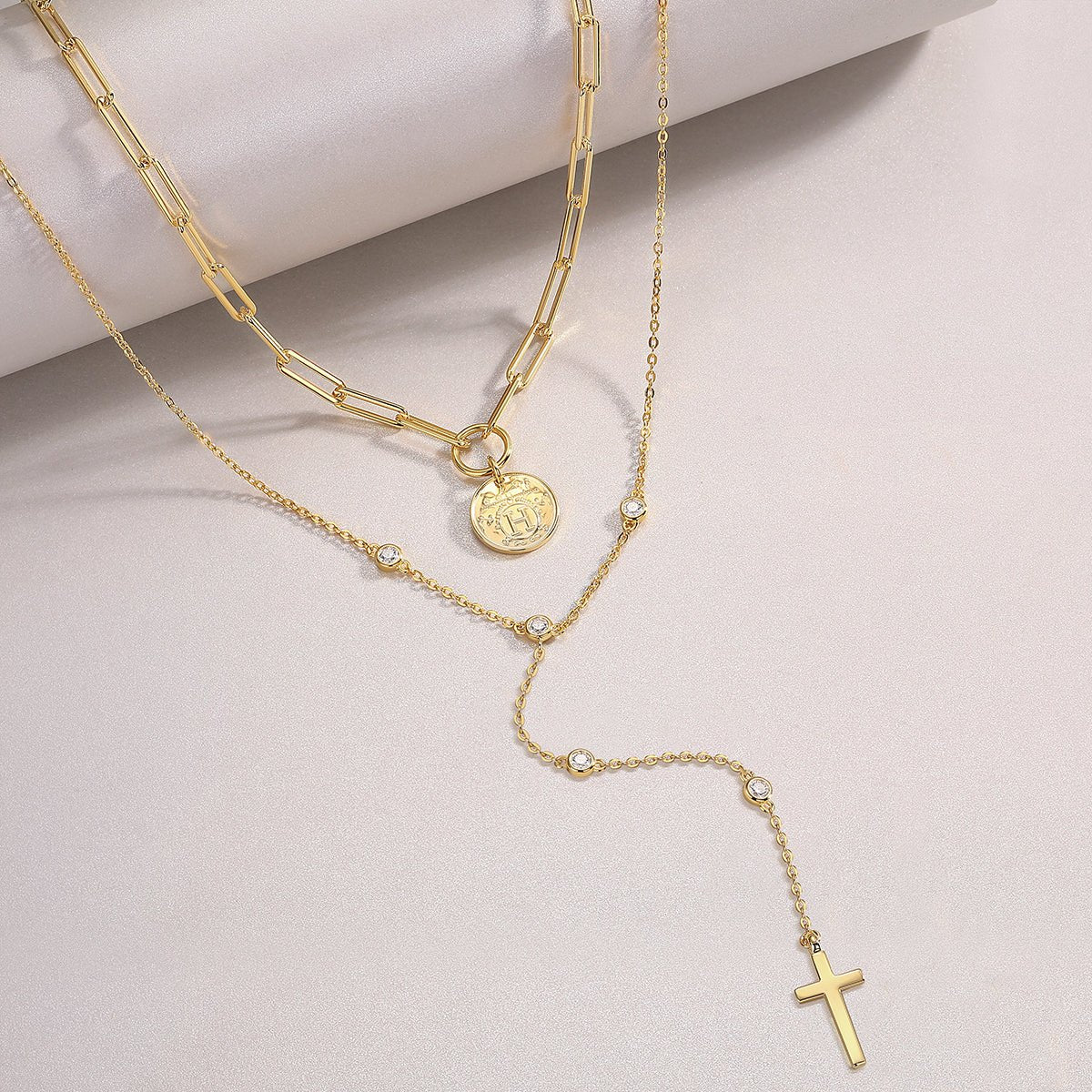 Collier Superposé en Argent Sterling S925 avec Moissanite 0,1ct, Pendentif Croix et Pièce, 14,4g, Chaîne Y 40cm, Plaqué Or, Certifié GRA, Coffret Cadeau - IVOIRART.COM