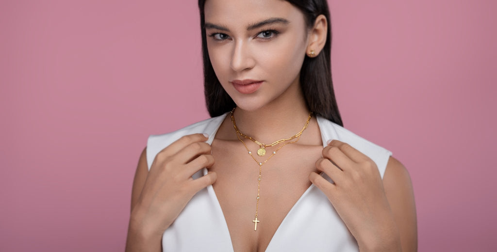 Collier Superposé en Argent Sterling S925 avec Moissanite 0,1ct, Pendentif Croix et Pièce, 14,4g, Chaîne Y 40cm, Plaqué Or, Certifié GRA, Coffret Cadeau - IVOIRART.COM