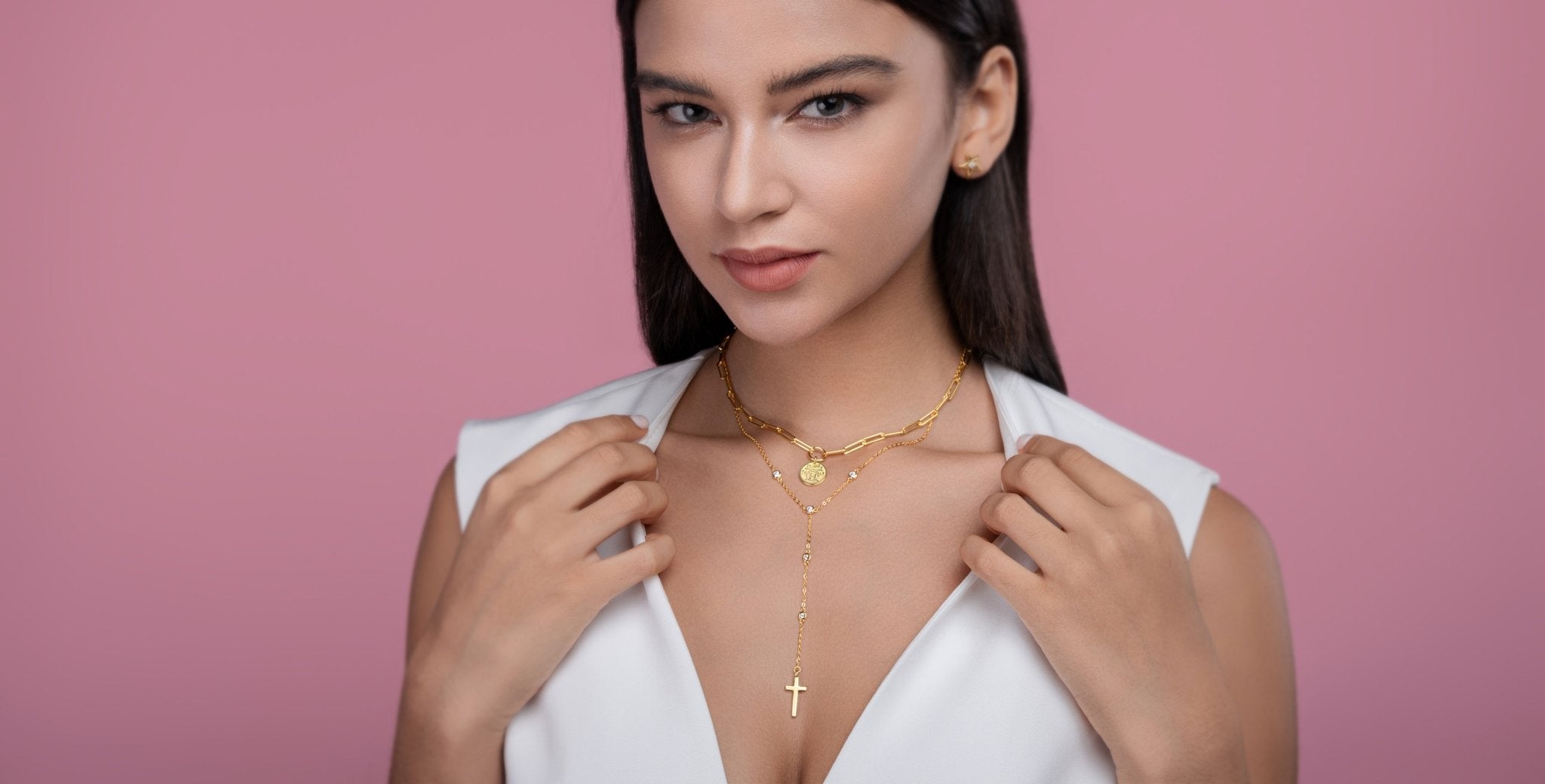 Collier Superposé en Argent Sterling S925 avec Moissanite 0,1ct, Pendentif Croix et Pièce, 14,4g, Chaîne Y 40cm, Plaqué Or, Certifié GRA, Coffret Cadeau - IVOIRART.COM