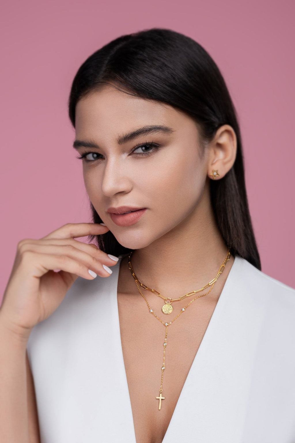 Collier Superposé en Argent Sterling S925 avec Moissanite 0,1ct, Pendentif Croix et Pièce, 14,4g, Chaîne Y 40cm, Plaqué Or, Certifié GRA, Coffret Cadeau - IVOIRART.COM