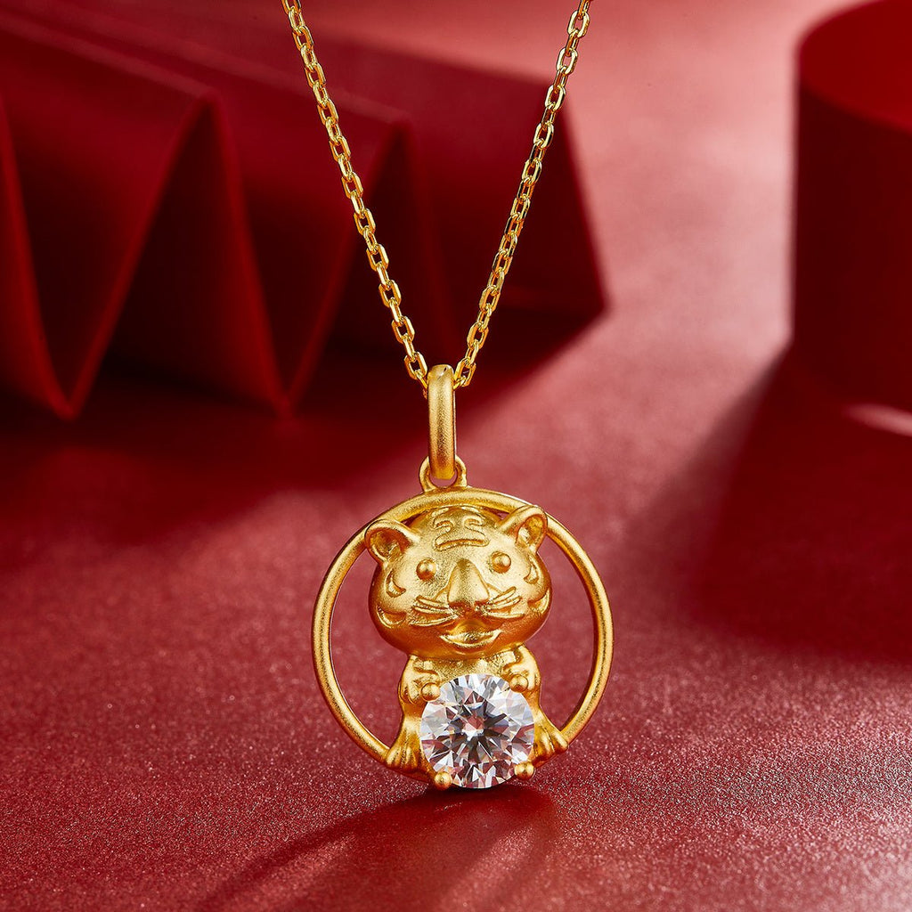 Collier Tigre Zodiac Chinois en Argent Sterling S925 Plaqué Or 1ct Moissanite D VVS1 5g Cadeau Benmingnian Certifié GRA - IVOIRART.COM