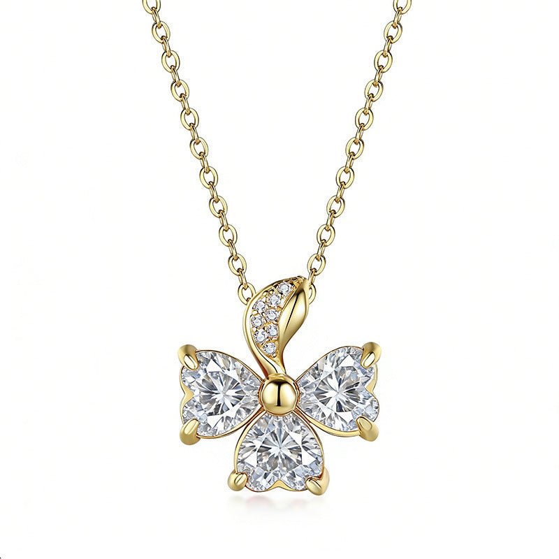 Collier Trèfle 3 Feuilles en Argent 925 avec 3 Moissanites Cœur 6x6mm, Platine Doré, Certifié GRA, 45cm, Coffret Cadeau - IVOIRART.COM