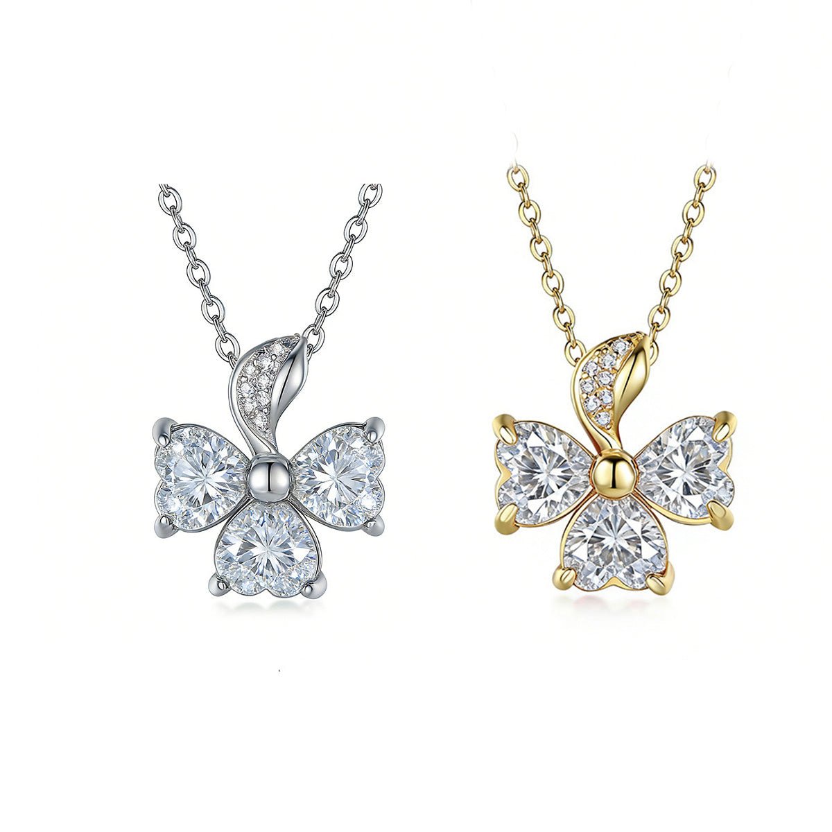 Collier Trèfle 3 Feuilles en Argent 925 avec 3 Moissanites Cœur 6x6mm, Platine Doré, Certifié GRA, 45cm, Coffret Cadeau - IVOIRART.COM