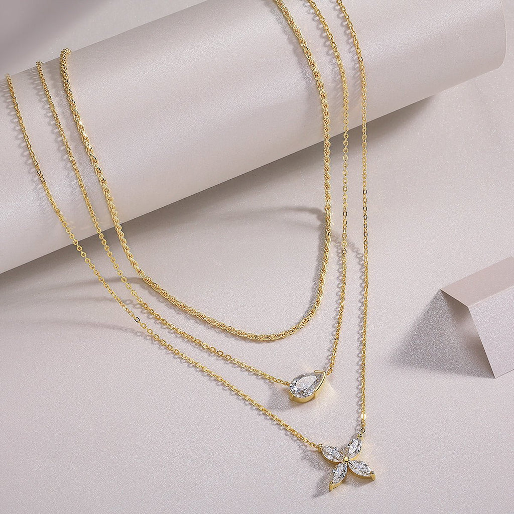 Collier trois rangs en argent S925 plaqué or, moissanite poire 7x11 mm, 40 cm, 10,8 g, certificat GRA, coffret cadeau - IVOIRART.COM