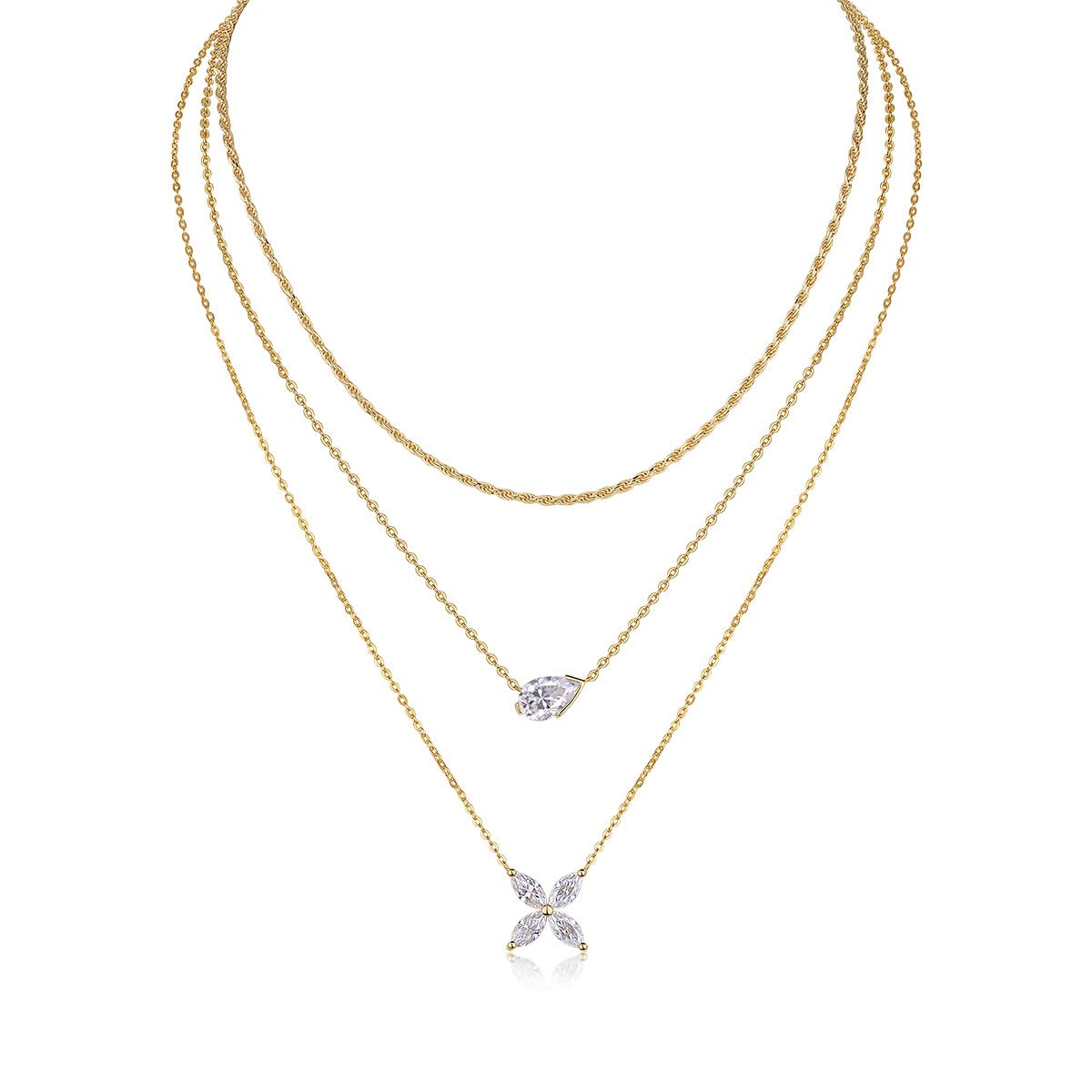 Collier trois rangs en argent S925 plaqué or, moissanite poire 7x11 mm, 40 cm, 10,8 g, certificat GRA, coffret cadeau - IVOIRART.COM