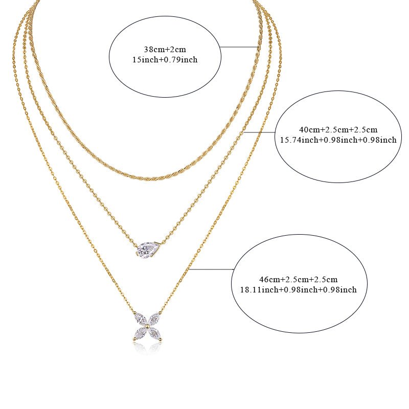 Collier trois rangs en argent S925 plaqué or, moissanite poire 7x11 mm, 40 cm, 10,8 g, certificat GRA, coffret cadeau - IVOIRART.COM
