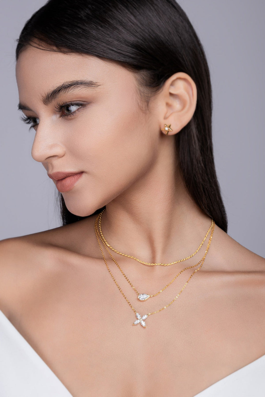Collier trois rangs en argent S925 plaqué or, moissanite poire 7x11 mm, 40 cm, 10,8 g, certificat GRA, coffret cadeau - IVOIRART.COM