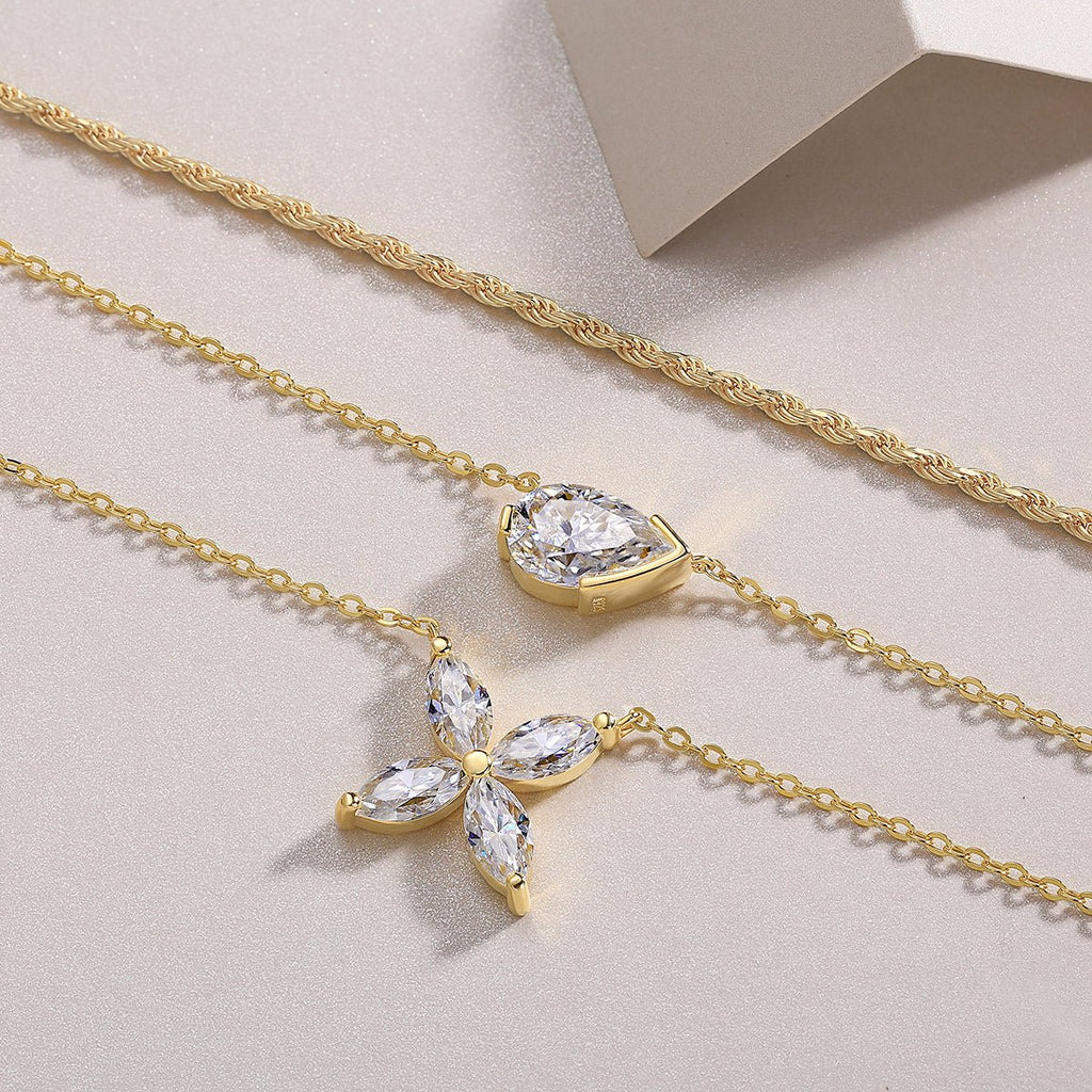Collier trois rangs en argent S925 plaqué or, moissanite poire 7x11 mm, 40 cm, 10,8 g, certificat GRA, coffret cadeau - IVOIRART.COM