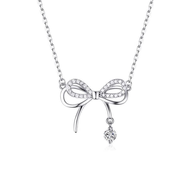 Collier Unique en Argent 999 Noeud Papillon & Zirconia, Élégant et Tendance, Cadeau Idéal Anniversaire et Saint - Valentin - IVOIRART.COM