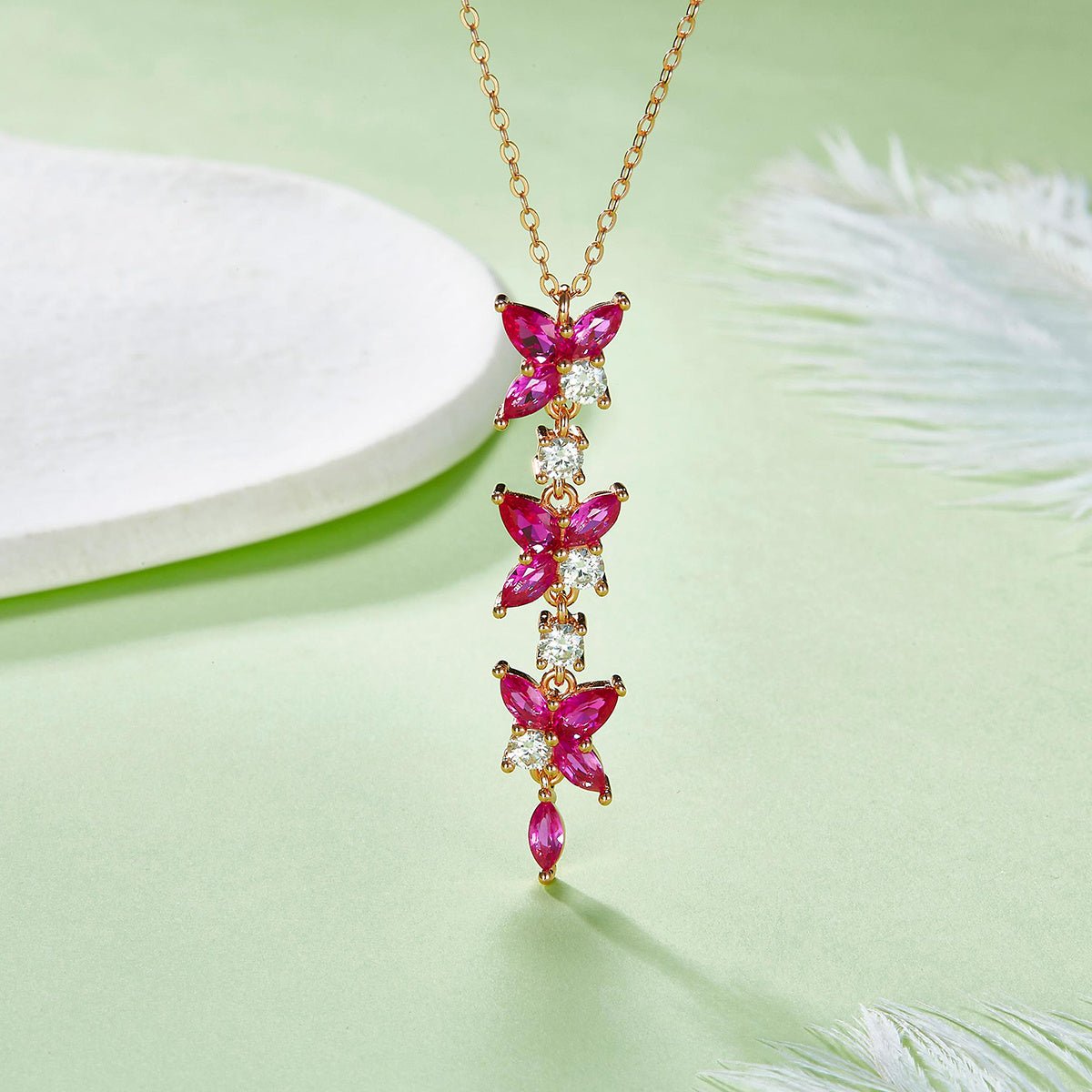 Collier Y S925 Argent Sterling, Rubis cultivé Fleur 5x3mm, Plaqué Platine 3.7gPt - IVOIRART.COM