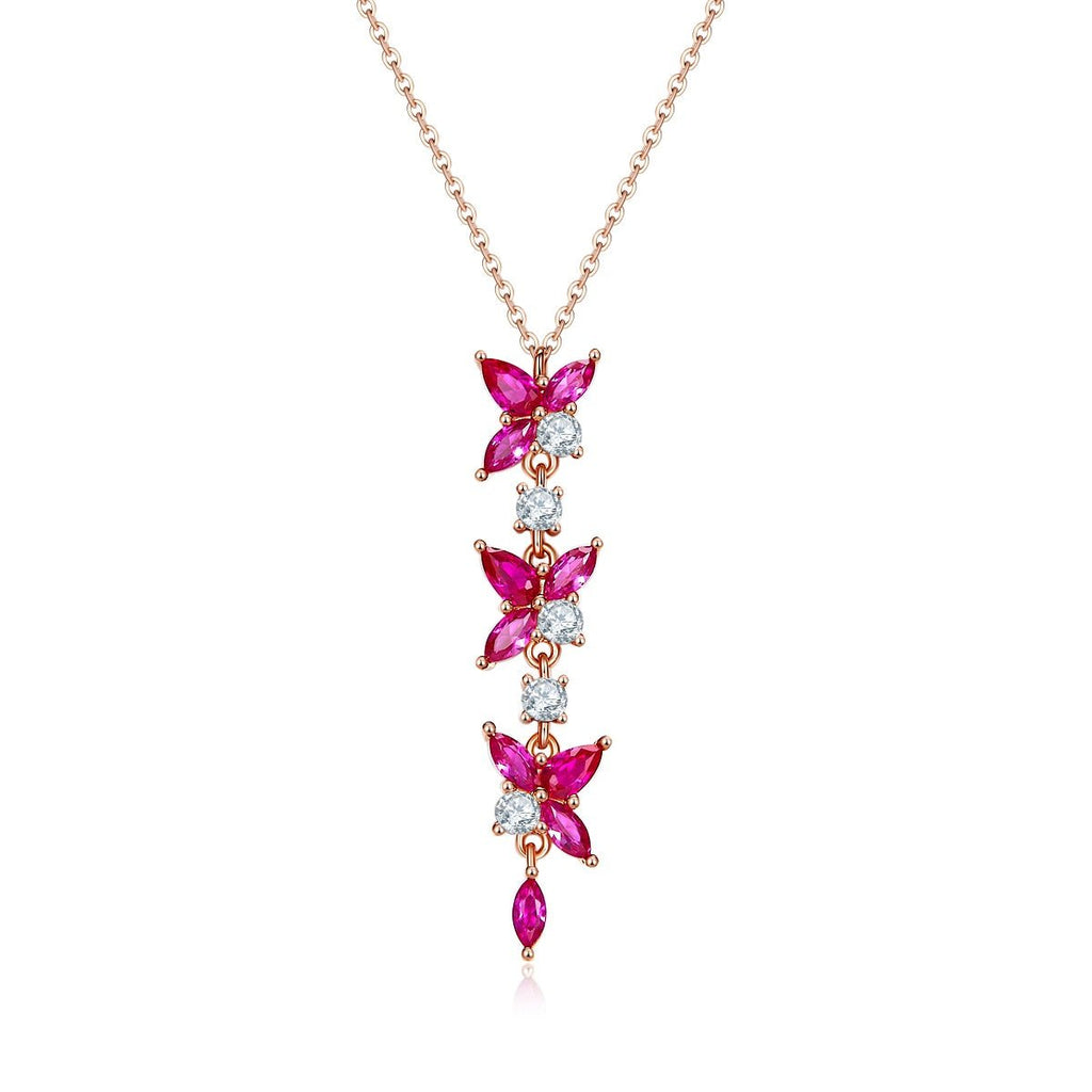 Collier Y S925 Argent Sterling, Rubis cultivé Fleur 5x3mm, Plaqué Platine 3.7gPt - IVOIRART.COM