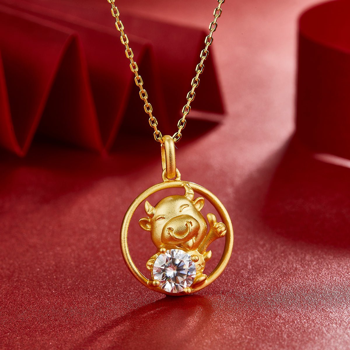 Collier Zodiac Chinois Bœuf Argent 925 Plaqué Or Moissanite 1ct D VVS1 - IVOIRART.COM