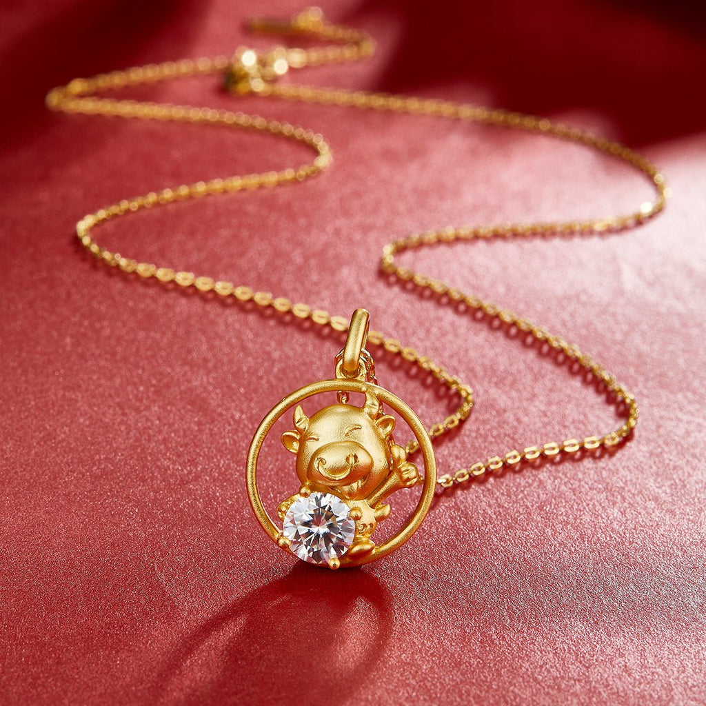 Collier Zodiac Chinois Bœuf Argent 925 Plaqué Or Moissanite 1ct D VVS1 - IVOIRART.COM