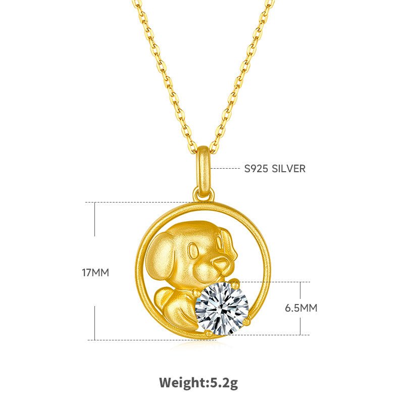 Collier Zodiaque Chinois Chien en Argent S925 Plaqué Or Moissanite 1ct 5,2g - IVOIRART.COM