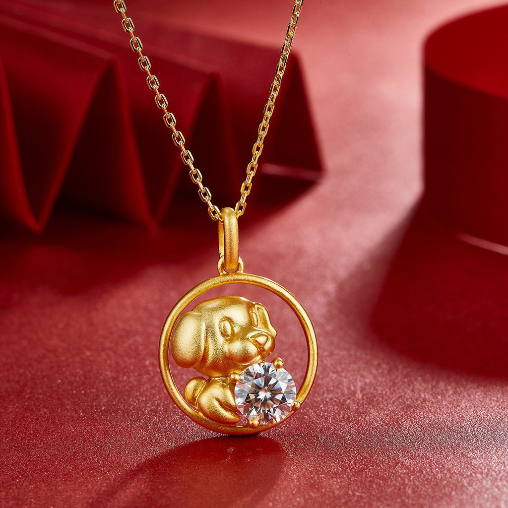 Collier Zodiaque Chinois Chien en Argent S925 Plaqué Or Moissanite 1ct 5,2g - IVOIRART.COM