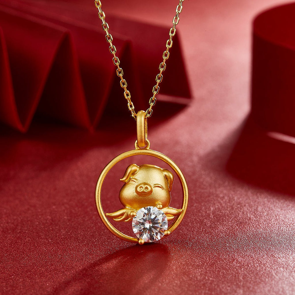 Collier Zodiaque Chinois en Argent Sterling S925 Doré avec Moissanite 1ct - Coffret Cadeau Certifié GRA - 5,2g - IVOIRART.COM
