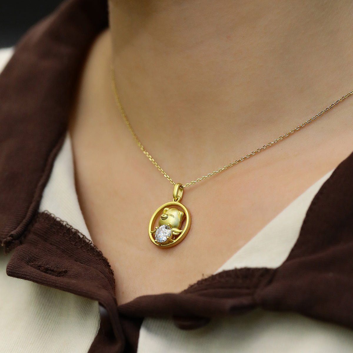 Collier Zodiaque Chinois en Argent Sterling S925 Doré avec Moissanite 1ct - Coffret Cadeau Certifié GRA - 5,2g - IVOIRART.COM